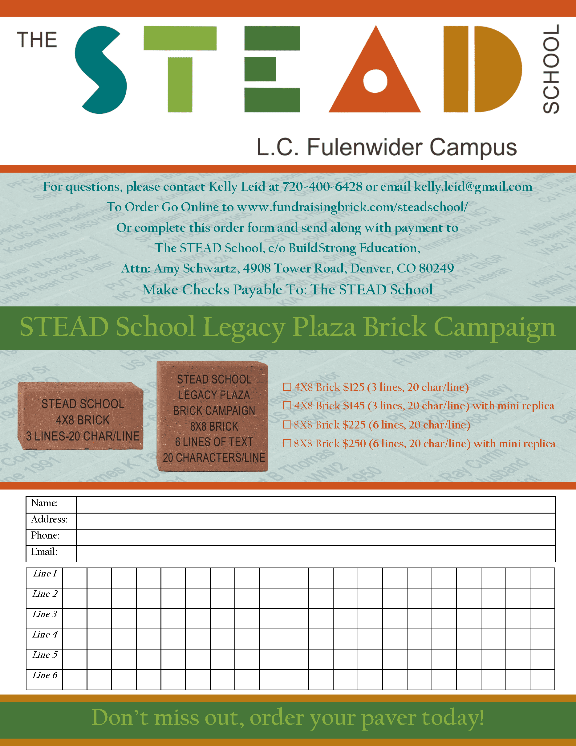 engraved brick fundraising flyer and order form